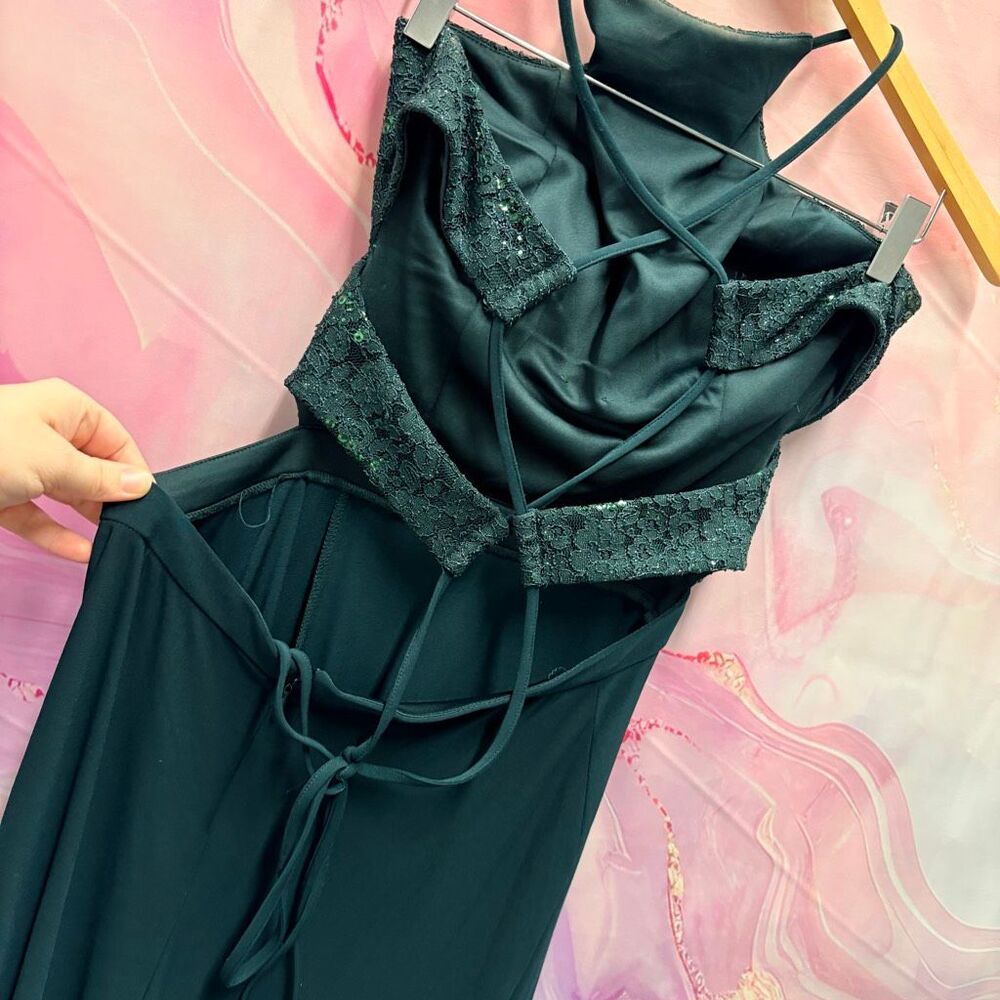 Morgan & Co 9 Forest Green Flowy Formal Gown Long Dress Lace Up Back Lace Sequin - Picture 3 of 13